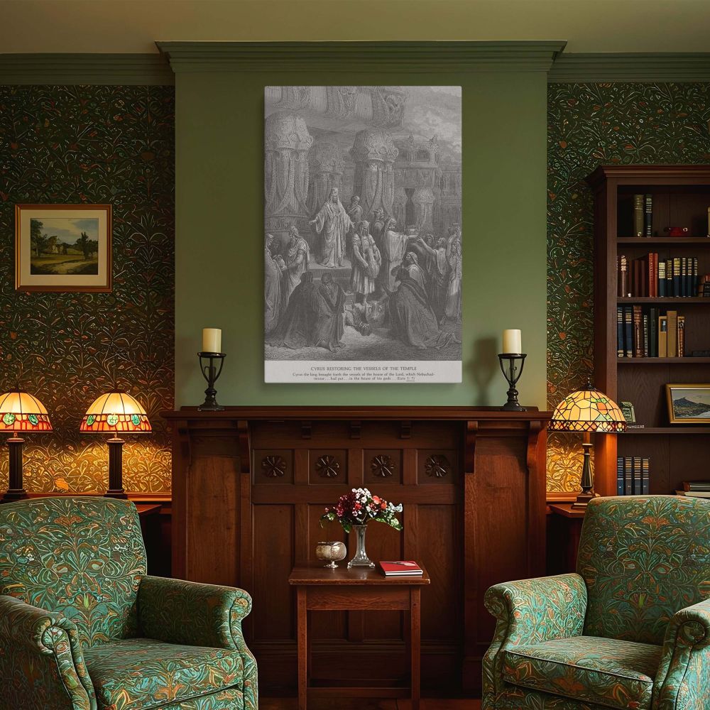 Dore's engraving of Cyrus returning temple vessels is presented in this grayscale canvas, capturing the emotional gravity of a fulfilled promise. The king's commanding presence and the eager hands of the people below create a composition full of reverence