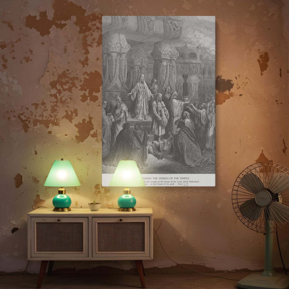 This black and white wall canvas by Gustave Dore illustrates King Cyrus standing on a stone platform returning the sacred temple vessels to Israel's leaders. The fine engraved details show ceremonial vessels, layered garments, and ornate stone architectur