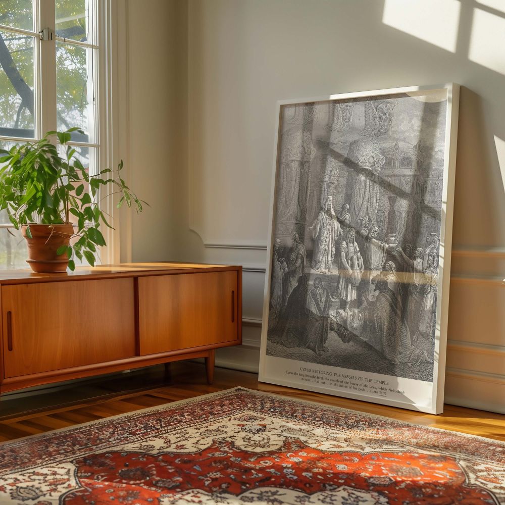 Featuring Gustave Dore's depiction of Cyrus returning temple treasures, this grayscale wall canvas highlights biblical leadership and restoration. Sacred vessels are presented amid architectural pillars and finely dressed figures. The engraved lines bring