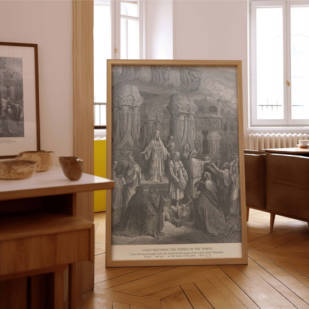 In this canvas, King Cyrus gestures outward from a stone platform as he returns looted temple vessels to Jewish leaders. The grayscale engraving by Gustave Dore emphasizes emotional reverence, historic architecture, and divine orchestration. Figures lean 