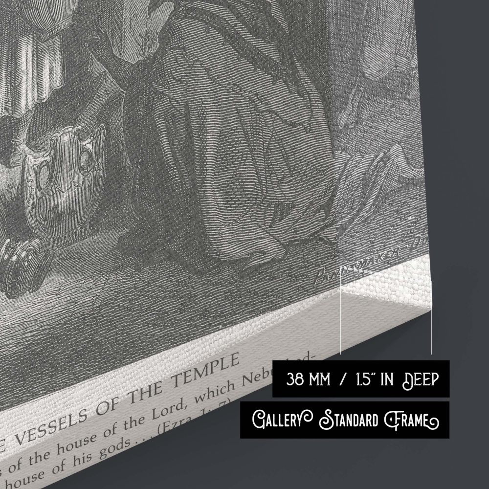 This Dore canvas shows Cyrus fulfilling prophecy by returning temple items taken in exile. The composition includes noble Persians, temple servants, and the grandeur of Eastern architecture in a solemn ceremonial setting. The grayscale engraving adds hist