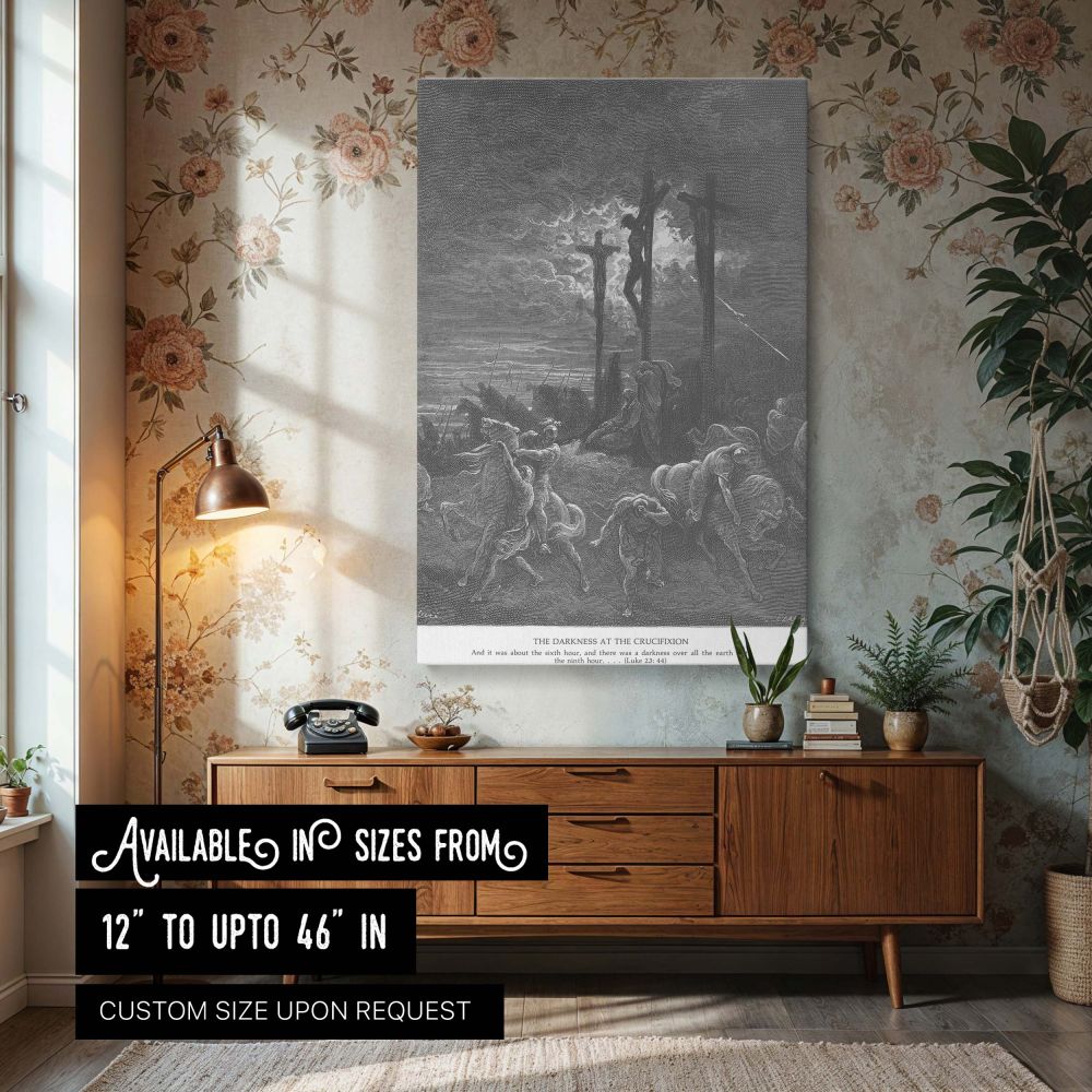Canvas wall art depicting Darkness at the Crucifixion by Gustave Dore shows Christ on the cross under a darkening sky, with swirling clouds, panicked figures, and heavenly light breaking through in the background-an intense biblical engraving for sacred C