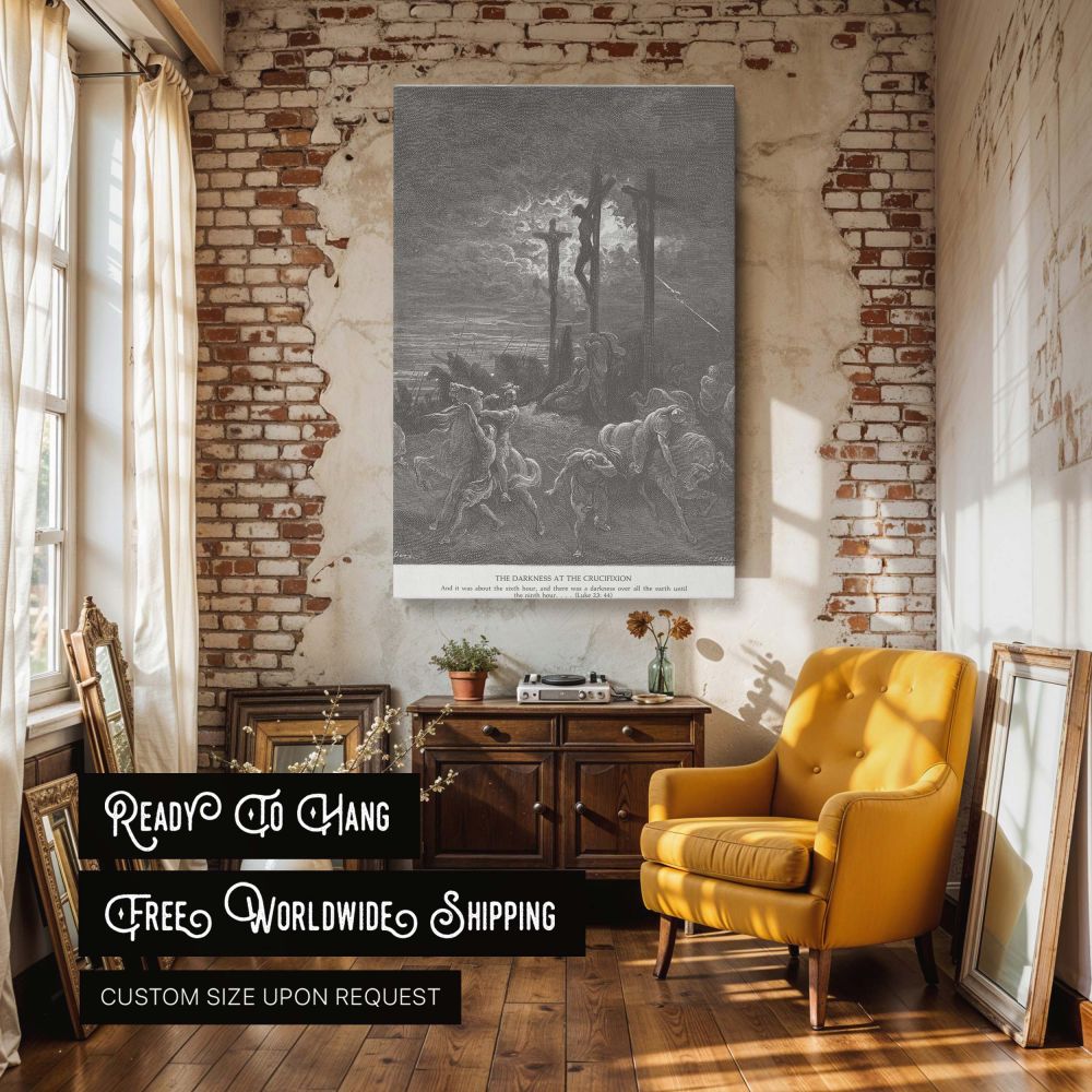 Darkness at the Crucifixion canvas wall art captures the eerie and divine moment in Luke's Gospel when the sun hides and the earth trembles as Christ suffers on the cross, masterfully rendered by Gustave Dore with haunting detail and sacred intensity.