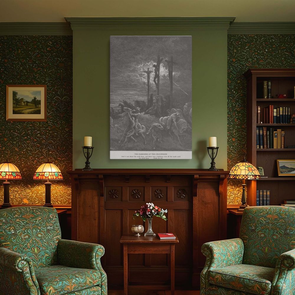 Canvas wall art showing a dramatic scene of Jesus crucified in darkness, with soldiers scattering and the sky filled with divine turbulence-based on Gustave Dore's 19th-century biblical engraving for contemplative Christian spaces or church interiors.