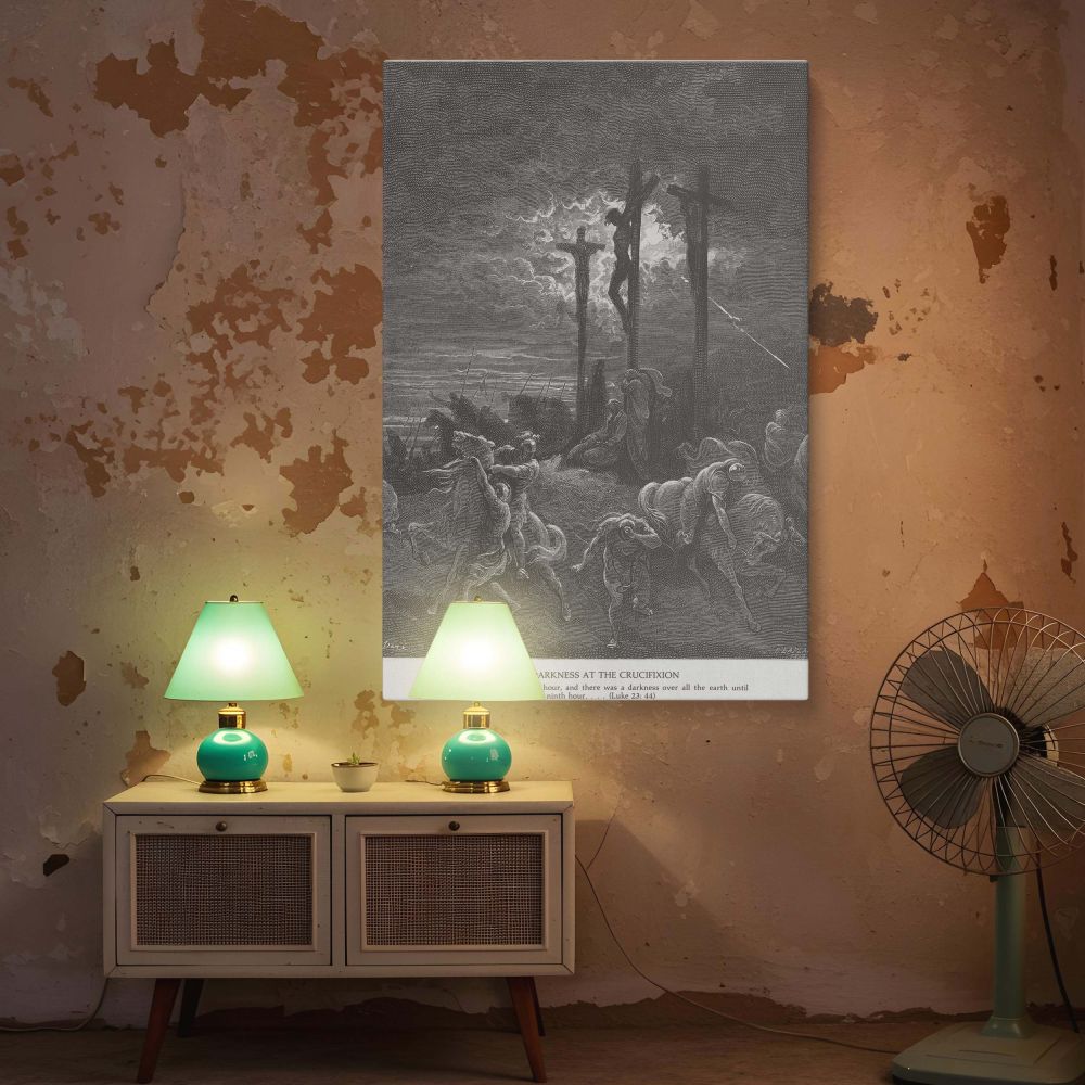 A sacred and storm-filled canvas wall art print of Gustave Dore's Darkness at the Crucifixion with figures fleeing beneath the raised crosses, swirling clouds of divine wrath above, and a faint beam of heavenly light-ideal for spiritual reflection or sacr