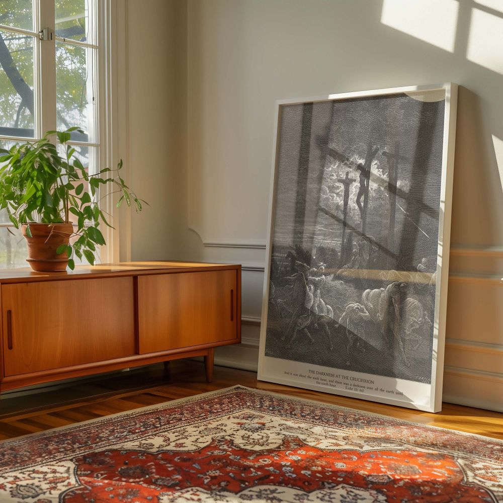 This religious canvas wall art portrays the chaos and mystery as described in the Gospel of Luke, with Jesus crucified and the earth cloaked in shadow, rendered in stunning black and white detail by Gustave Dore's engraving for Christian home or chapel us
