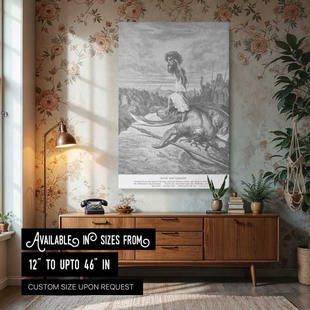 Canvas wall print of David slaying Goliath as illustrated by Gustave Dore, showing David standing triumphantly with Goliath's severed head raised high. The battlefield stretches into the distance where soldiers look on in shock. Rendered in dramatic grays