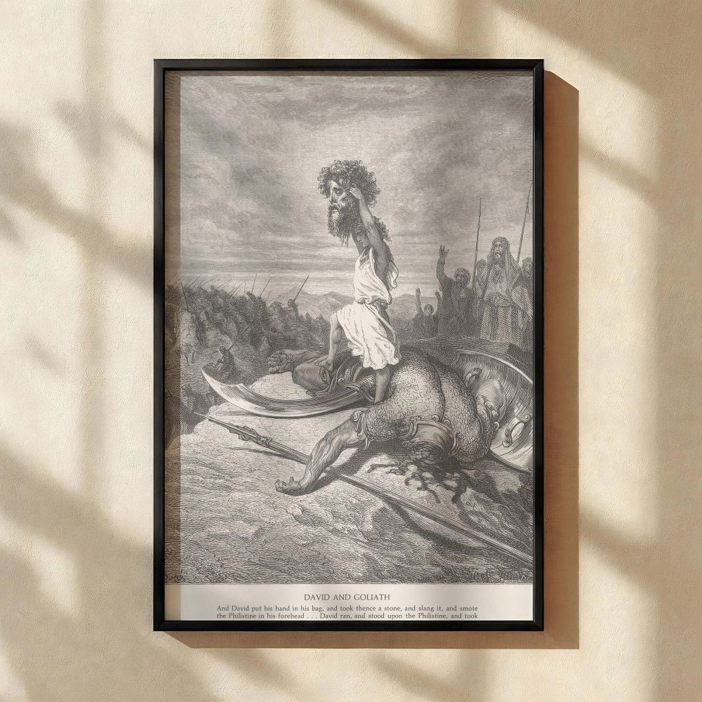 A powerful grayscale wall canvas showing David after defeating Goliath, from Gustave Dore's iconic biblical illustration. David holds the giant's head aloft in victory, standing over his fallen enemy with sword nearby. The scene is filled with emotion, li