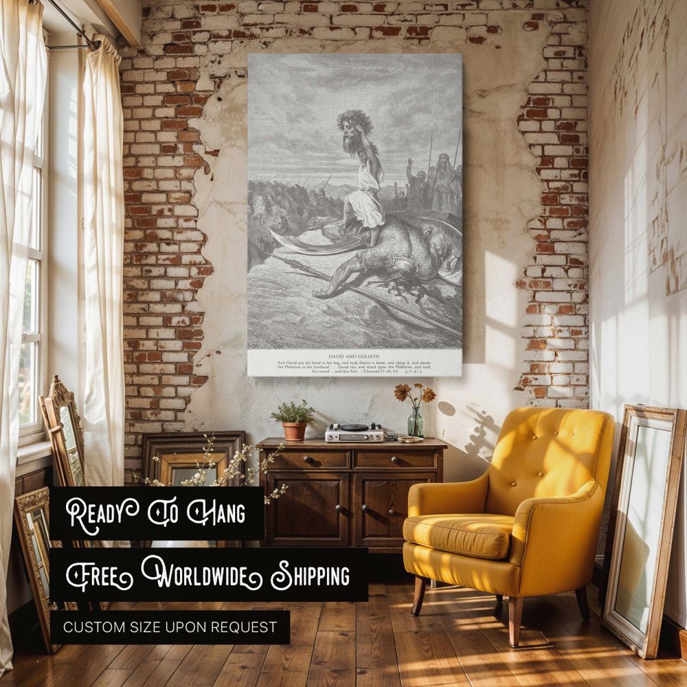 Gustave Dore's illustration of David slaying Goliath is portrayed on this black and white wall canvas. David, victorious, lifts Goliath's head before a stunned army. The composition's emotional tension and symbolic message of divine strength and underdog 
