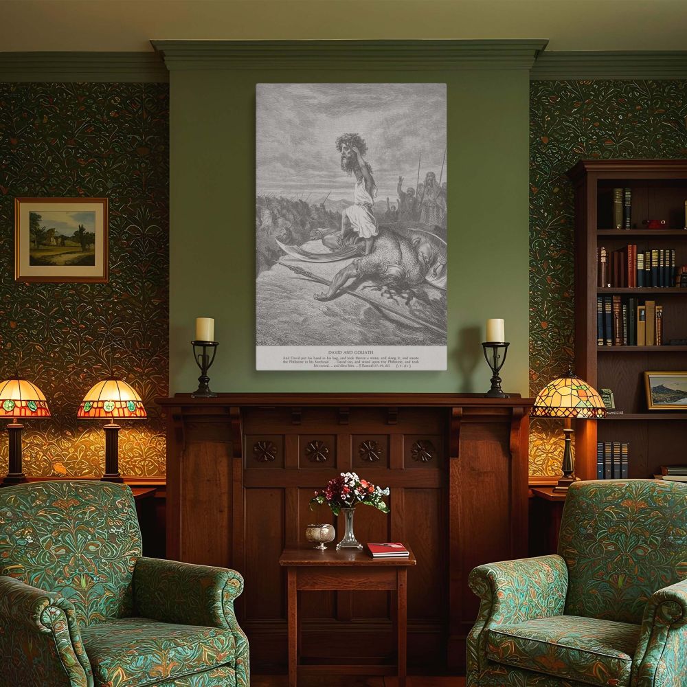 Dramatic monochrome canvas wall art of David defeating Goliath, illustrated by Gustave Dore. David stands on Goliath's body with the severed head raised and soldiers cheering in the background. The artwork's bold lines and shading capture courage, faith, 