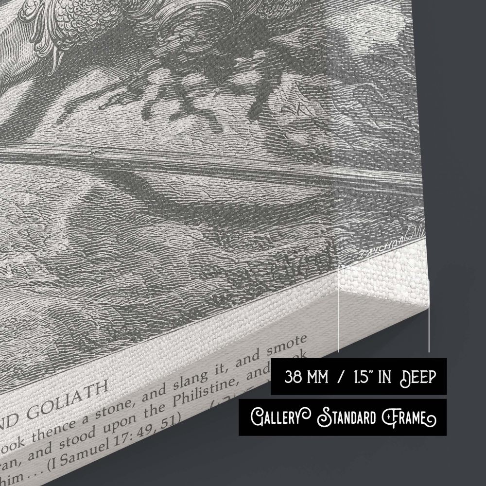 Canvas wall print of Gustave Dore's depiction of David conquering Goliath, symbolizing courage, divine justice, and heroic faith. The grayscale image shows David atop Goliath's corpse, holding his head with powerful posture and calm resolve. The moment is