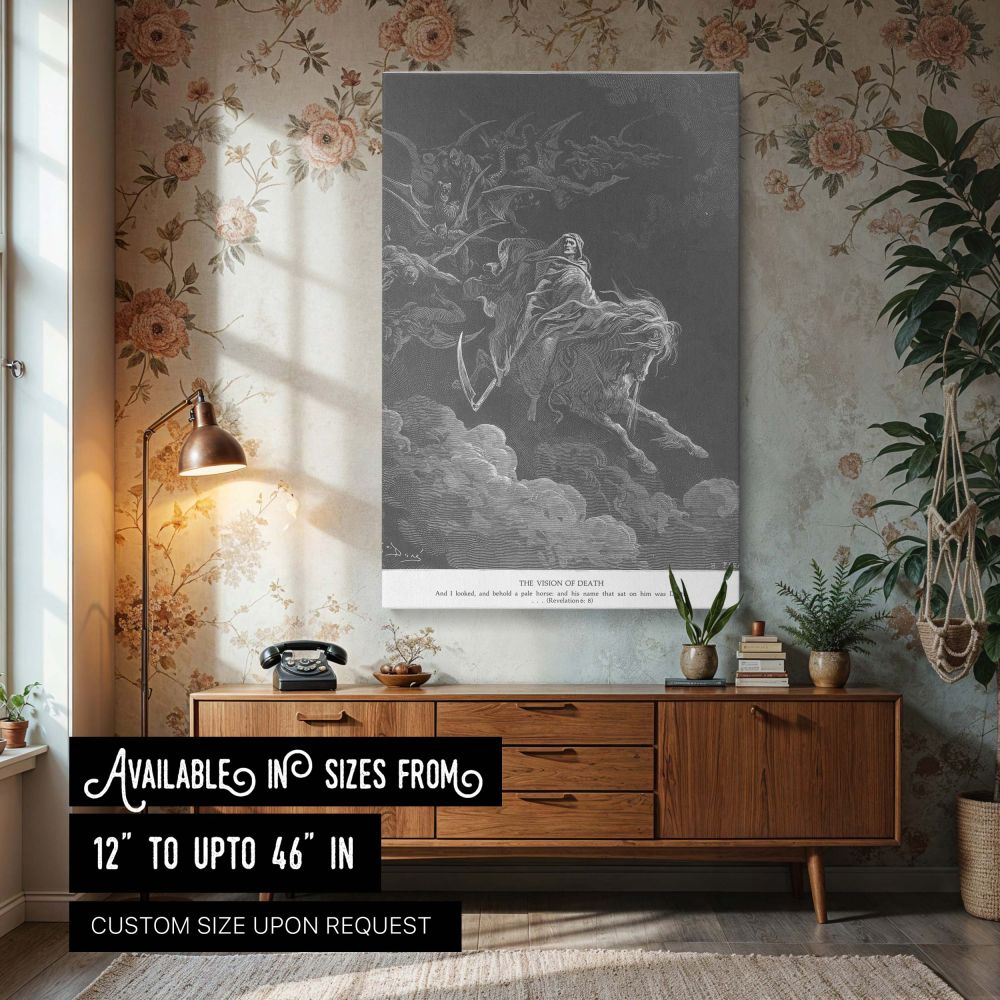 Canvas wall art showing the fourth horseman of the apocalypse-Death-riding a pale horse across stormy skies in Gustave Dore's haunting Revelation 6:8 engraving, surrounded by demons and shadows, ideal for dramatic Christian or symbolic spiritual decor.