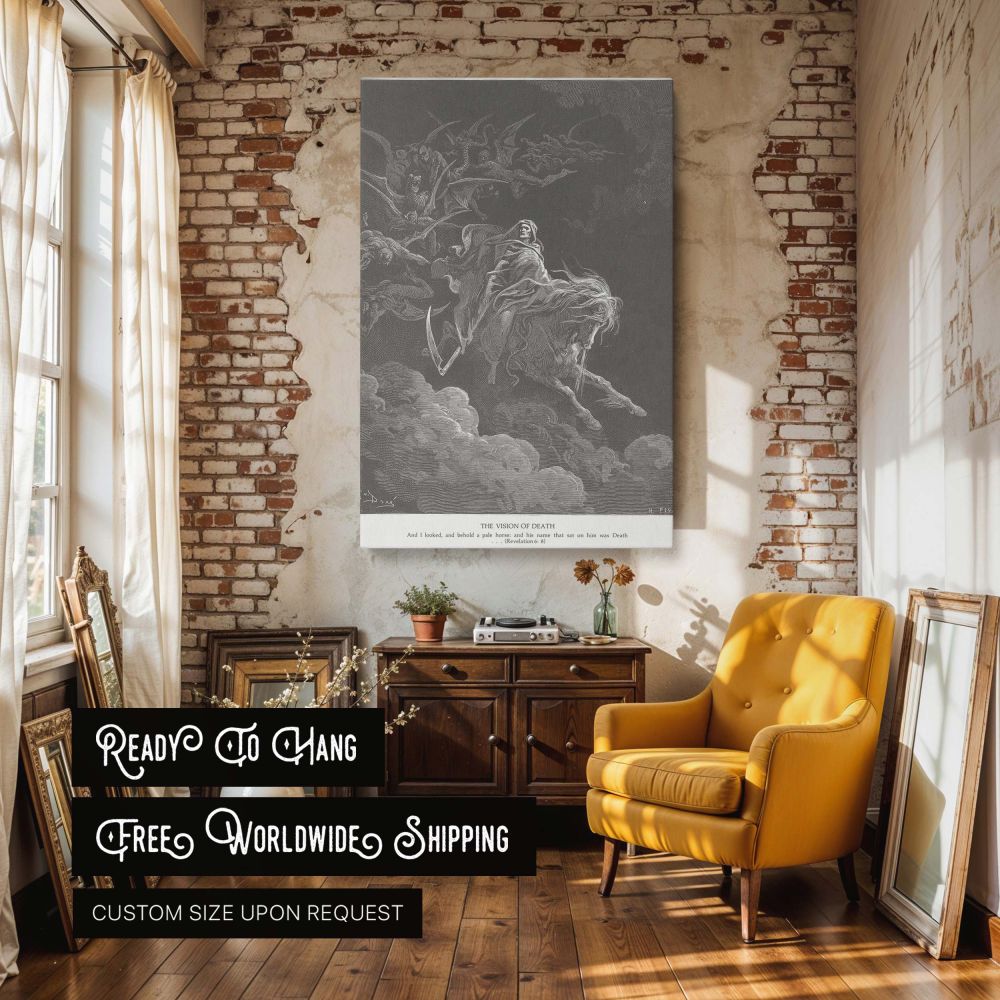 Gustave Dore's canvas wall art of Death on a pale horse captures a bold biblical moment of prophecy and judgment, showing the fourth apocalyptic horseman followed by chaos, designed for reflection and theological inspiration.