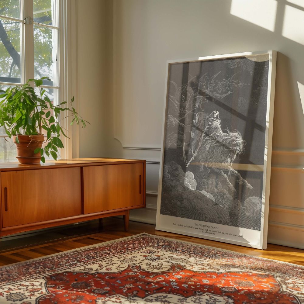 Featuring a skeletal horseman emerging from storm clouds with a dark procession behind him, this canvas wall art by Gustave Dore powerfully depicts the Pale Horse of Death, a chilling representation of divine judgment for bold Christian spaces.