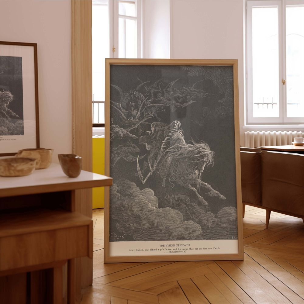 This dramatic canvas wall art based on Revelation 6:8 by Gustave Dore shows Death leading legions across the sky, a moment of biblical prophecy drawn in haunting detail and perfect for those inspired by end-times artwork or sacred symbolism.