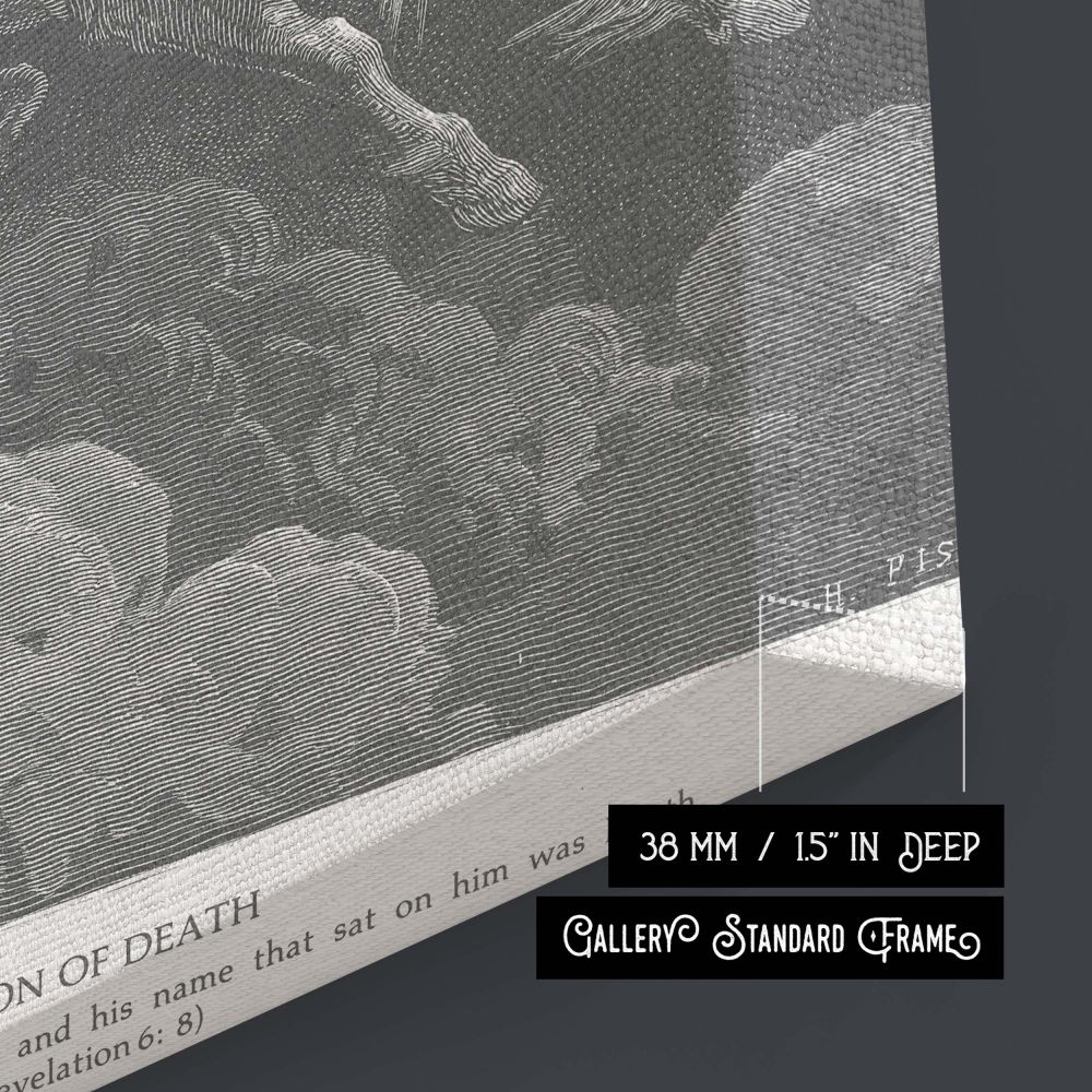 Canvas wall art of Death riding a pale horse across the sky surrounded by eerie spiritual figures, an unforgettable Dore engraving from Revelation that speaks to mortality and divine wrath, suited for introspective or eschatological environments.