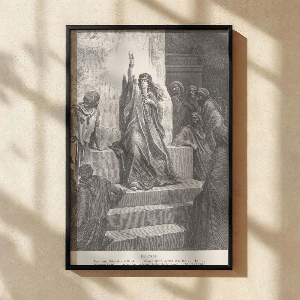 Grayscale canvas print of Dore's biblical illustration showing Deborah blessing Jael in front of gathered Israelites, rendered with flowing robes and expressive figures, perfect for faith-based walls or scripture-focused sacred interiors.