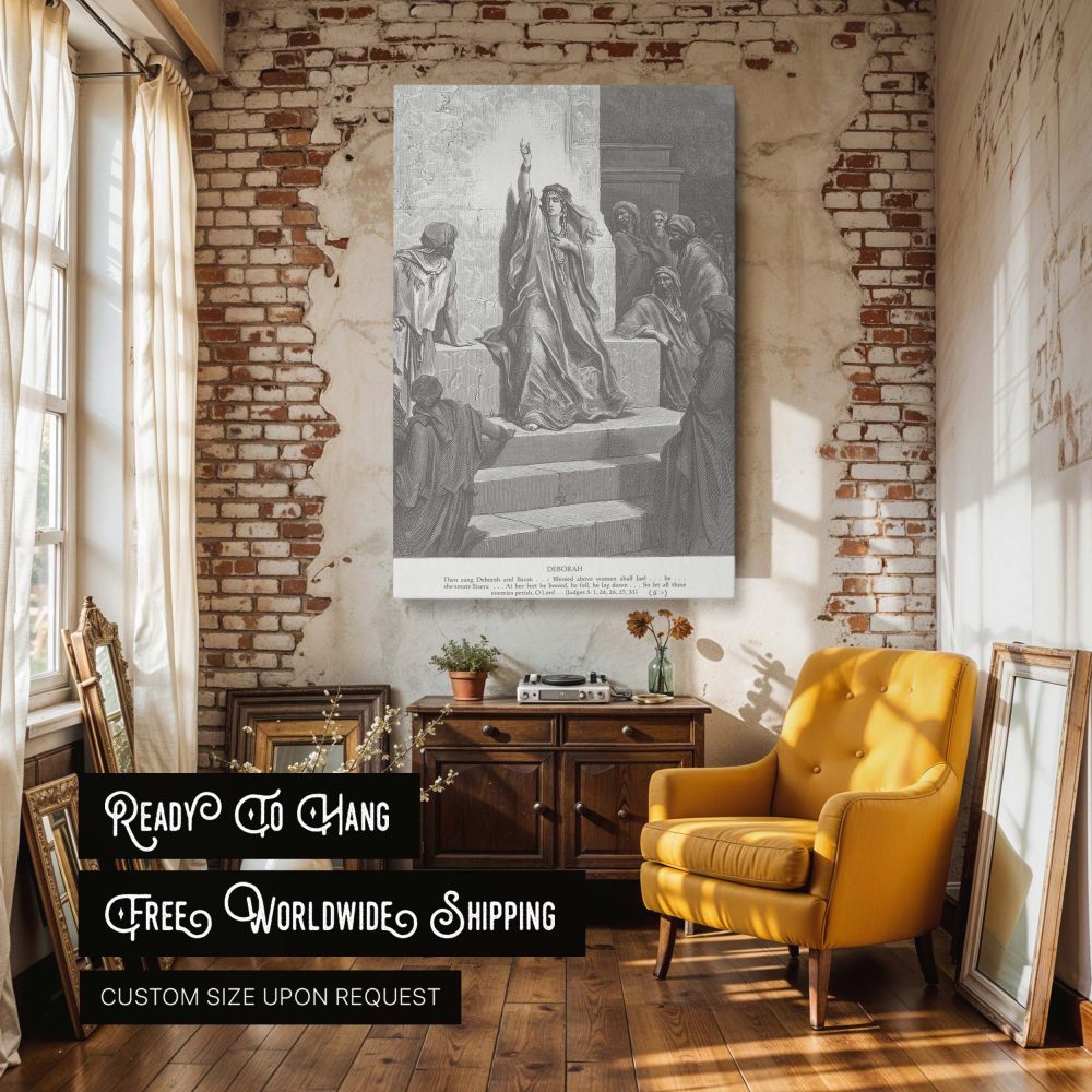 Powerful canvas wall art featuring Deborah proclaiming praise for Jael's bravery, depicted in detailed linework and strong grayscale shading by Gustave Dore, suitable for church libraries, prayer rooms, or spiritual education spaces.