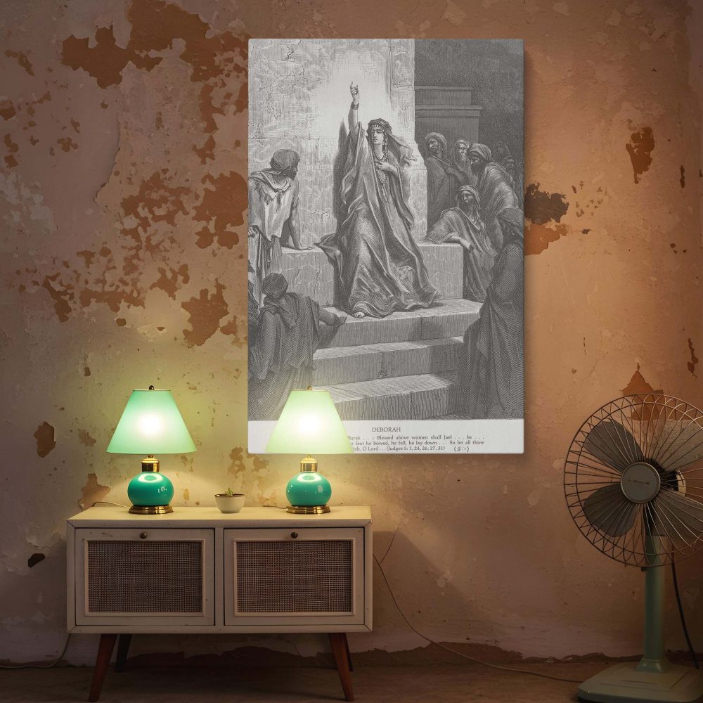 Religious canvas print of Deborah as prophetess honoring Jael with bold gesture and commanding presence, illustrated in Dore's classical style for home study rooms, church offices, or sacred wall decor.