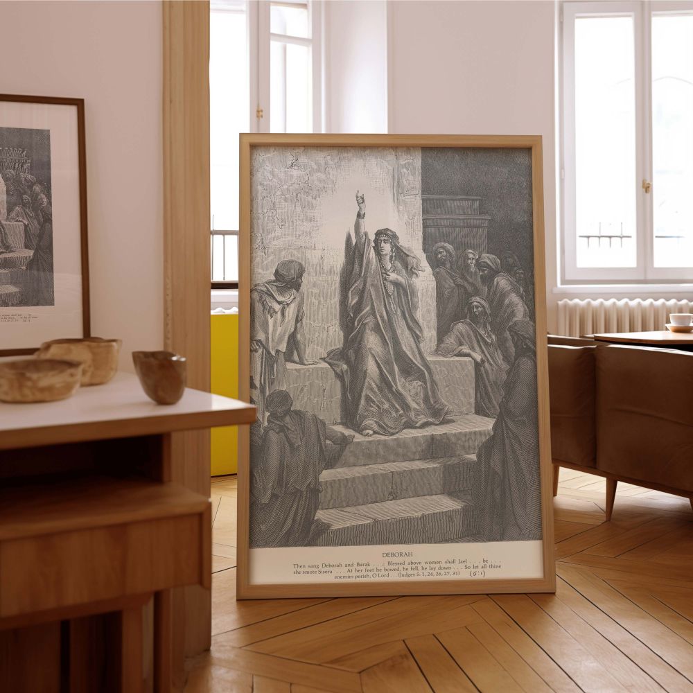 Historic black-and-white canvas depicting Gustave Dore's portrayal of Deborah declaring divine praise, with solemn crowd and architectural depth for church art displays or contemplative study environments.