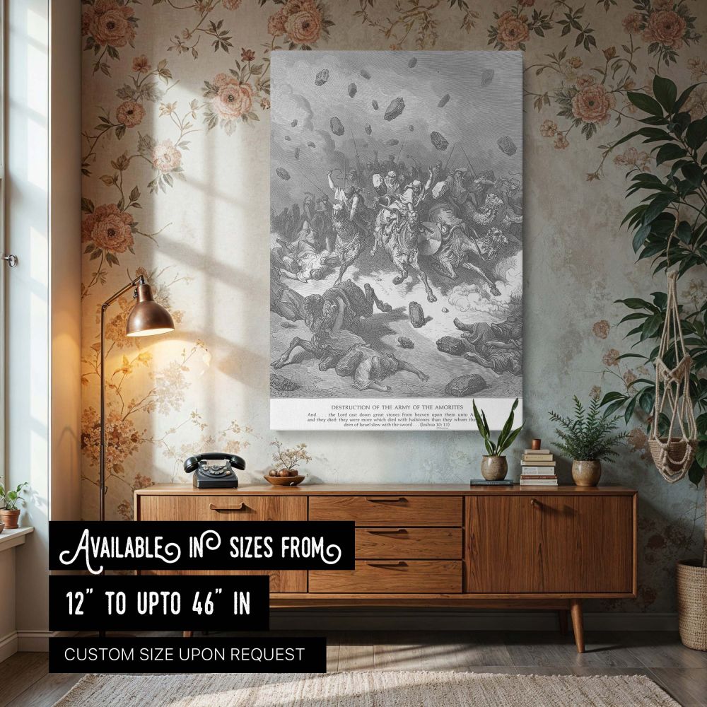 Canvas wall art featuring Gustave Dore's engraving The Army of the Amorites Is Destroyed, with divine stones falling from the sky onto soldiers and horses, ideal for sacred spaces, church offices, or study rooms needing dramatic religious storytelling.