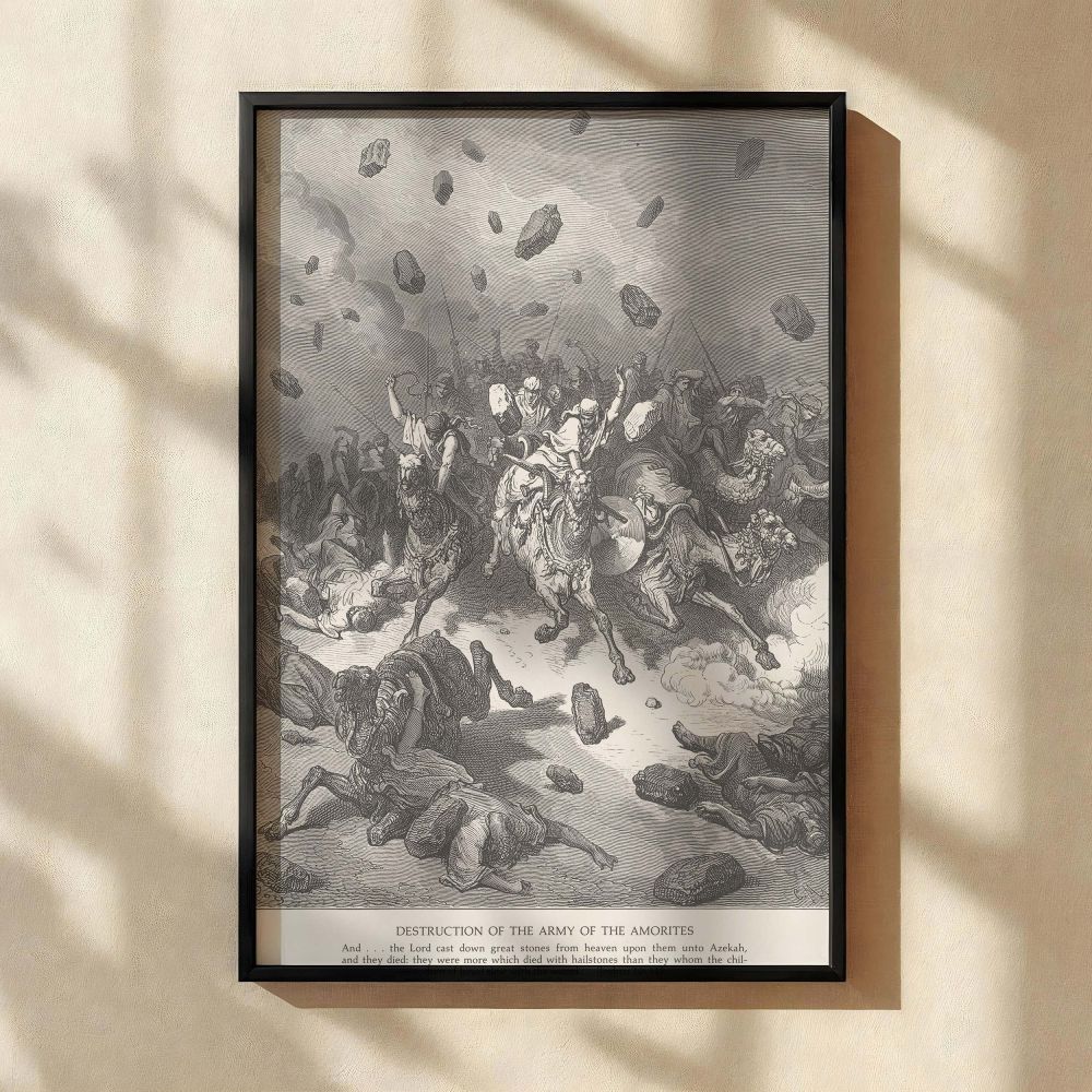 Black-and-white canvas print of Dore's depiction of the Amorite army's destruction, with raining stones and chaotic movement, perfect for theological libraries, church meeting rooms, or homes with faith-based historical art collections.