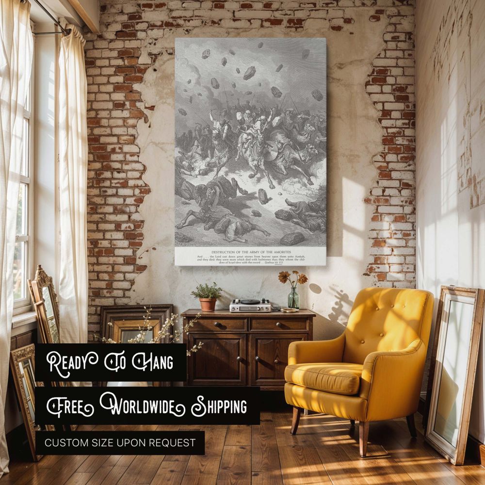 Dramatic religious wall canvas of divine intervention during a biblical battle, with heavy stones raining from the sky on fleeing Amorite warriors and horses, rendered in Dore's expressive etching style for spiritual or scholarly interiors.