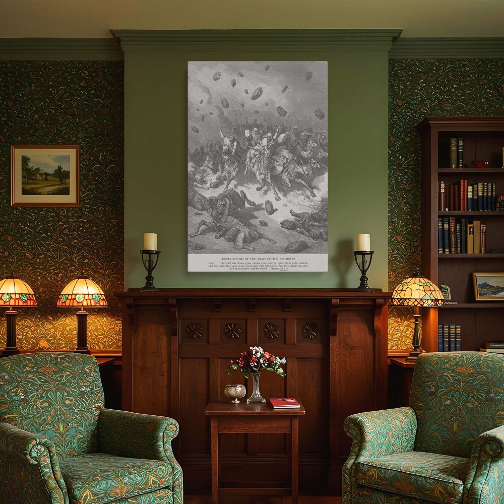 Gustave Dore's intense biblical engraving showing destruction from above with terrified soldiers and falling stones, printed on canvas for church offices, home altars, or historical religious wall decor.