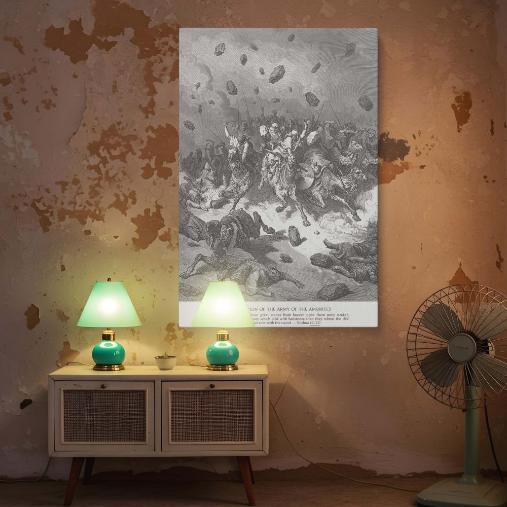 Canvas art reproduction of Dore's classic war scene with grayscale linework, divine judgment, and collapsing enemy ranks, ideal for scripture-themed environments and serious contemplative wall art displays.