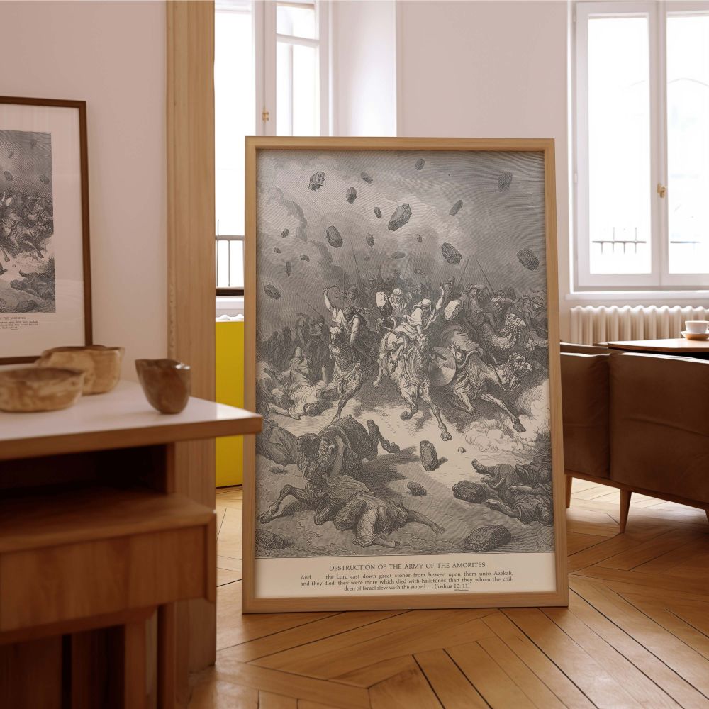 Powerful black-and-white wall canvas of a biblical army's downfall, rendered in Gustave Dore's dramatic etching style with energy, emotion, and historic symbolism for classic spiritual interiors.