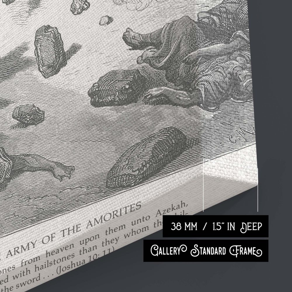 Artistic canvas print of Amorite warriors facing divine judgment with falling stones and galloping horses, depicted in detailed etching style suitable for traditional religious settings or historical faith decor.
