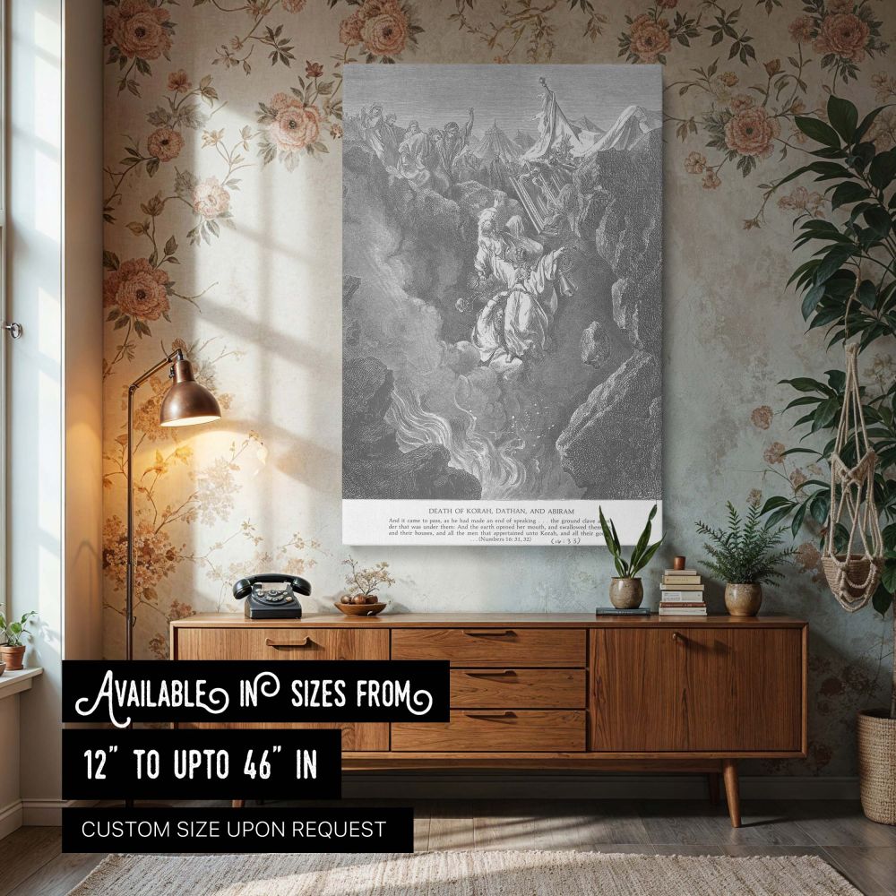This wall canvas features Gustave Dore's engraving of the earth opening to swallow Korah, Dathan, and Abiram during their rebellion, with swirling smoke, collapsing tents, and terrified figures reacting to divine judgment rendered in powerful black and wh