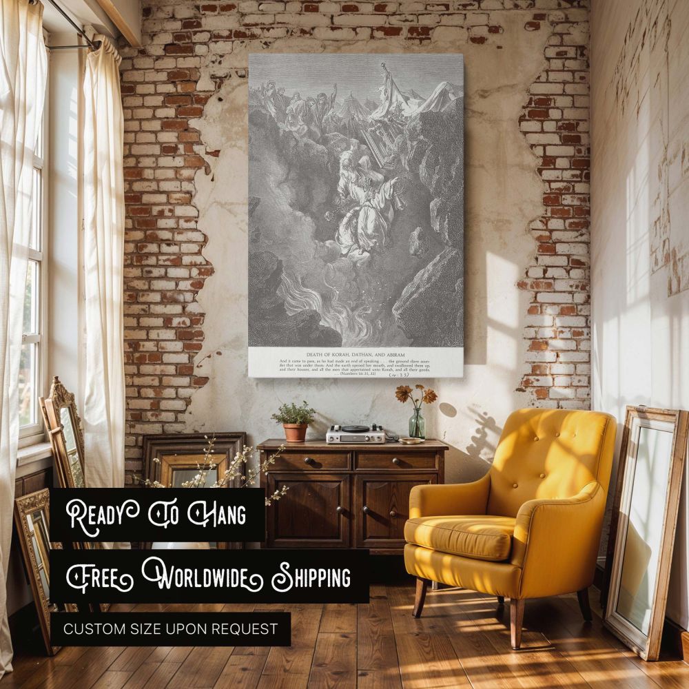 This wall canvas presents a high-resolution engraving by Gustave Dore showing Korah, Dathan, and Abiram being consumed by the earth in divine judgment, a powerful moment of justice and authority portrayed through dramatic motion and sacred illustration.