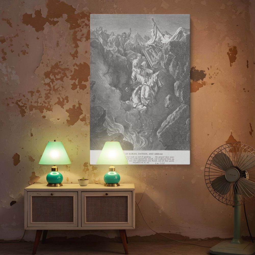 A visually striking wall canvas showing the instant divine judgment on those who rebelled against Moses, as the ground parts and swallows Korah and his followers, engraved by Gustave Dore to depict holy justice in expressive black and white detail.