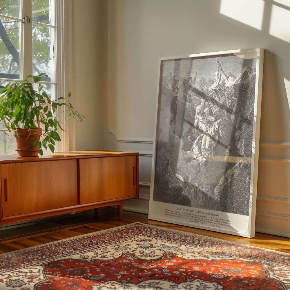 This wall canvas depicts the death of Korah, Dathan, and Abiram as the earth opens beneath them in judgment, with Dore's detailed lines emphasizing fear, collapse, and divine authority in one of the Old Testament's most dramatic punishments.