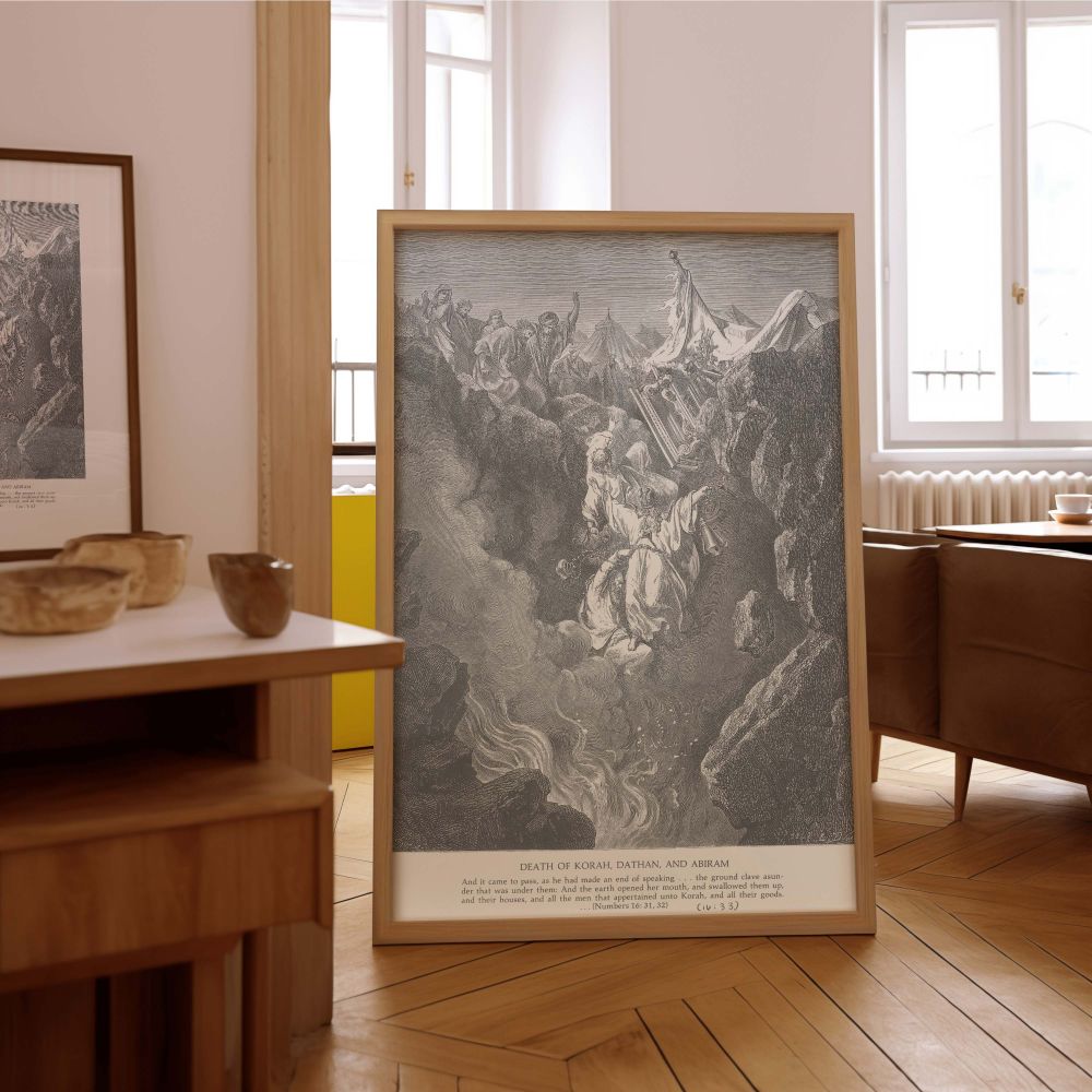A high-resolution black and white wall canvas showing the biblical moment of God's wrath as Korah and others are consumed by the earth, with smoke, movement, and spectators captured in Gustave Dore's dramatic visual interpretation.