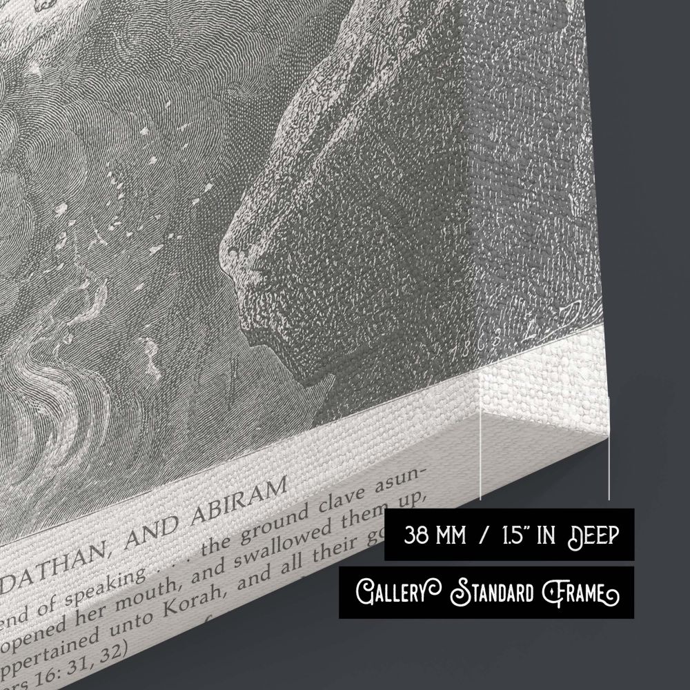 Gustave Dore's engraved scene of the rebellious leaders being swallowed by the earth is recreated in this wall canvas, showing a moment of divine judgment and overwhelming fear, rendered in powerful scriptural expression and monochrome form.