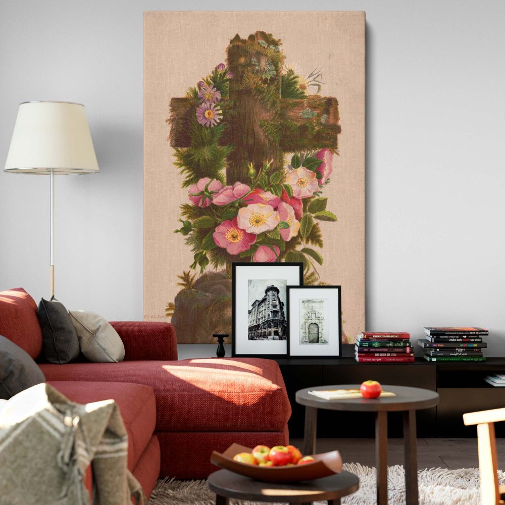 Easter Morning floral cross canvas wall art featuring a vintage Christian wooden cross adorned with pink and white flowers, framed religious artwork perfect for home, chapel, prayer room, or as a meaningful Easter gift idea for faith-based decor lovers.