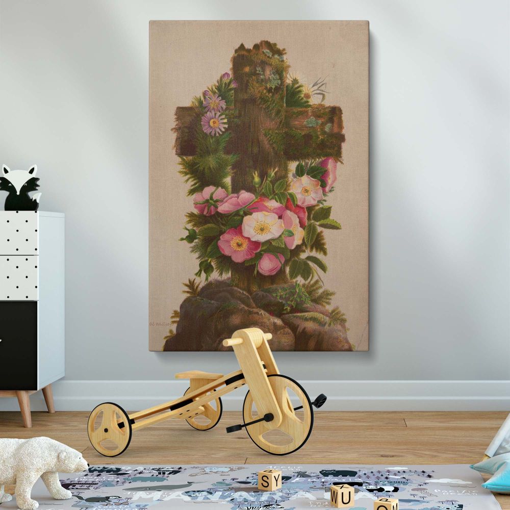 Vintage wooden cross and floral religious wall art print, a framed Christian canvas featuring moss-covered rustic details and soft pastel flowers, an elegant Easter decor piece for churches, prayer spaces, or spiritual home wall decorations.