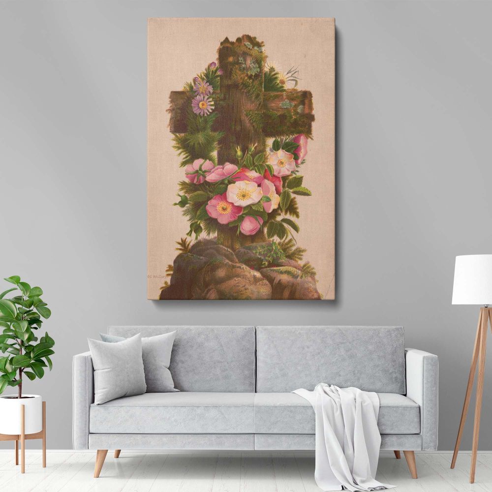 Elegant Christian cross and flowers canvas print, a framed religious wall art featuring a rustic wooden cross with detailed floral embellishments, perfect for Easter gifts, farmhouse decor, Catholic wall art, and faith-inspired prayer space decorations.