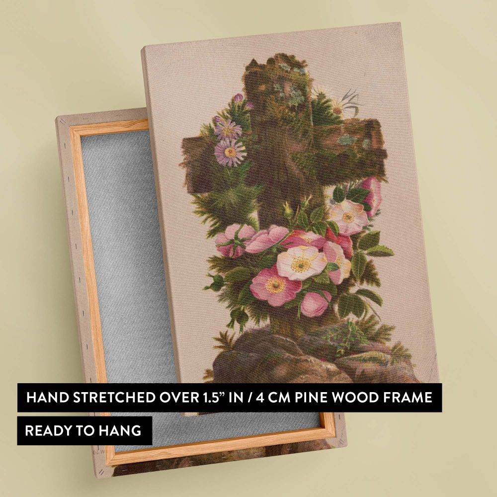 Framed wooden cross with blooming floral details, a Christian religious wall art canvas print designed for faith-based home decor, Easter celebrations, prayer room decorations, and rustic vintage artwork for traditional or modern interiors.