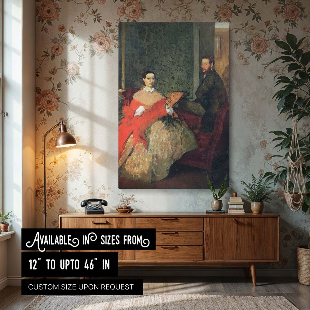 Canvas wall art of Edmondo and Therese Morbilli by Edgar Degas, showing a quiet and formal interior scene with the artist's sister and her husband seated apart in a richly upholstered room. The red velvet sofa, green wallpaper, and muted tones convey emot