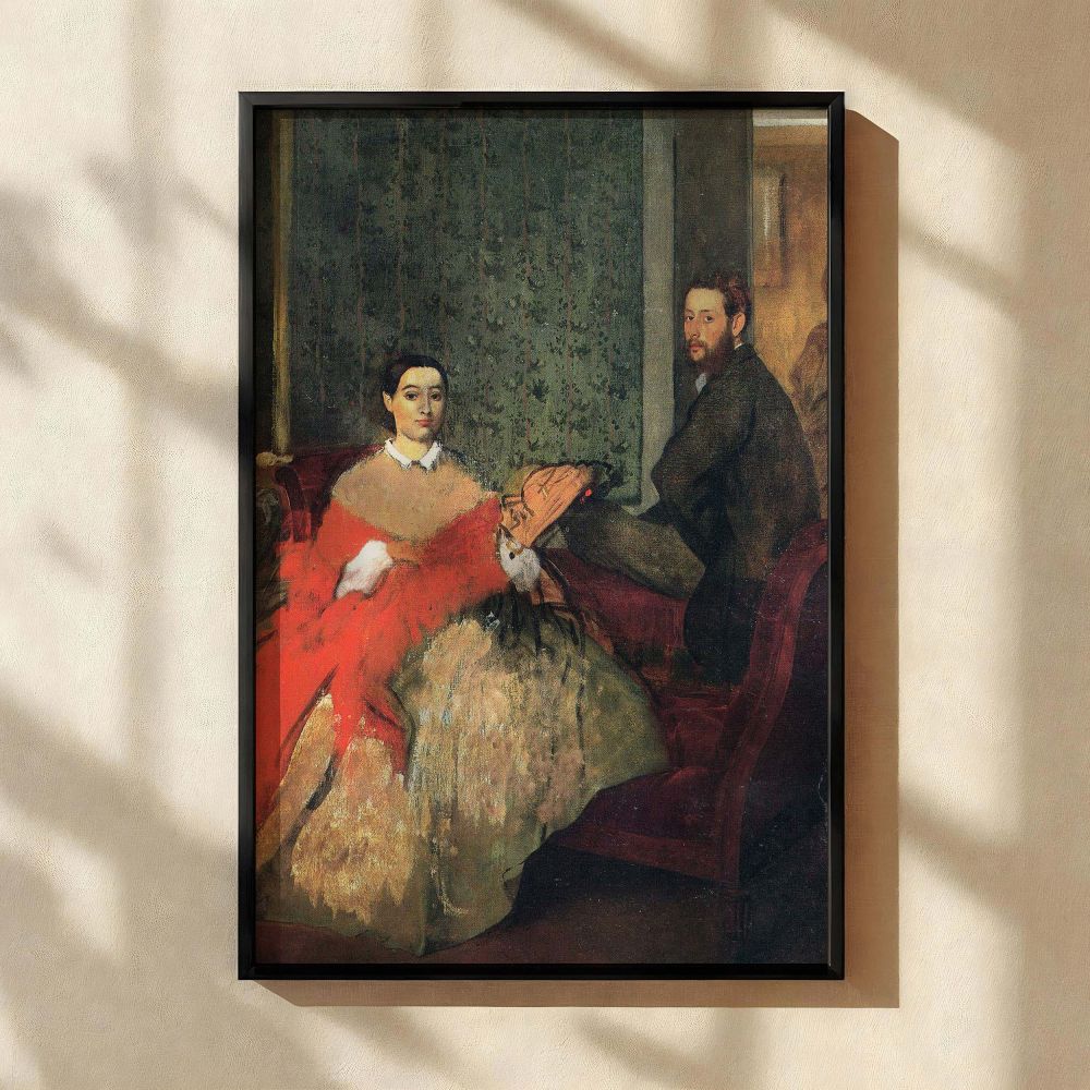 Impressionist canvas print of Edgar Degas's Edmondo and Therese Morbilli, portraying the painter's family in a richly textured setting with layered emotions. The woman's voluminous dress, red scarf, and fan sit against the green floral wallpaper and dark 