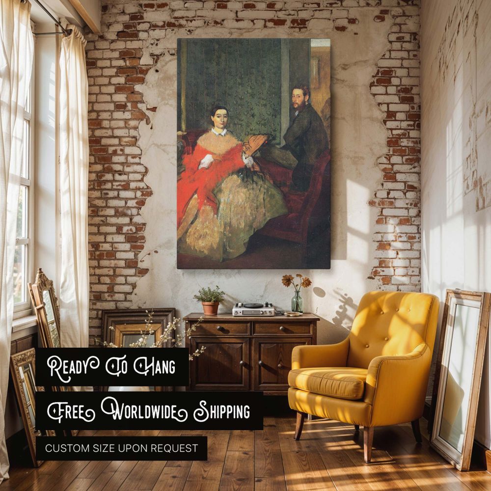 Reproduction of Degas's double portrait of Edmondo and Therese Morbilli on canvas, featuring the refined poise of a seated woman in a beige gown and her thoughtful husband against an elegant 19th-century backdrop. The dark red sofa and olive wallpaper enh