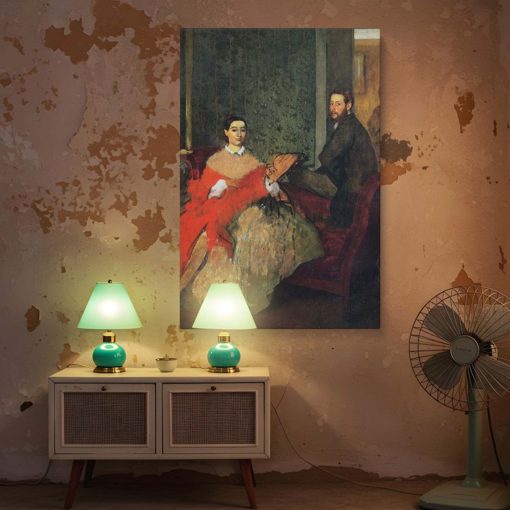 Canvas wall print of Edmondo and Therese Morbilli by Edgar Degas, showing a moody and intimate depiction of a couple seated in a lush Parisian salon. Their restrained body language, formal dress, and the surrounding warm red and green tones create a compe