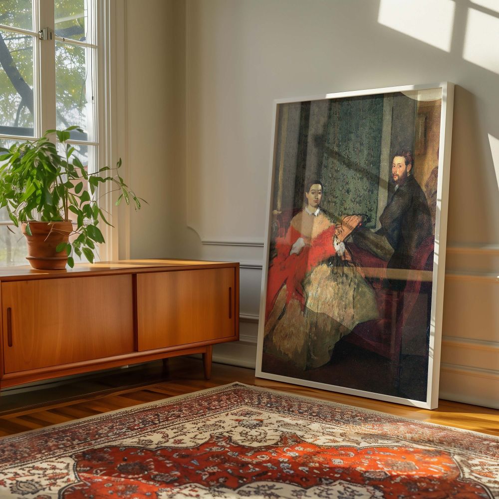 Beautiful fine art canvas wall print of Degas's Edmondo and Therese Morbilli featuring a seated couple enveloped in elegant silence. The woman's fan and red shawl contrast her voluminous dress, and her husband's sideways glance adds emotional nuance. The 