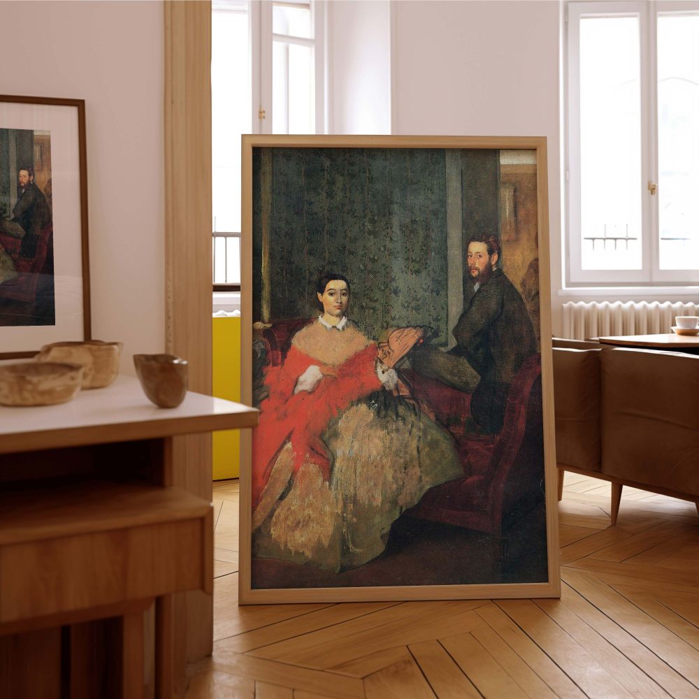 Classical canvas print of Edgar Degas's portrait of Edmondo and Therese Morbilli featuring thoughtful body language, deep interior shadows, and a lushly detailed setting with vintage wallpaper and furnishings. The print captures both fashion and emotion, 