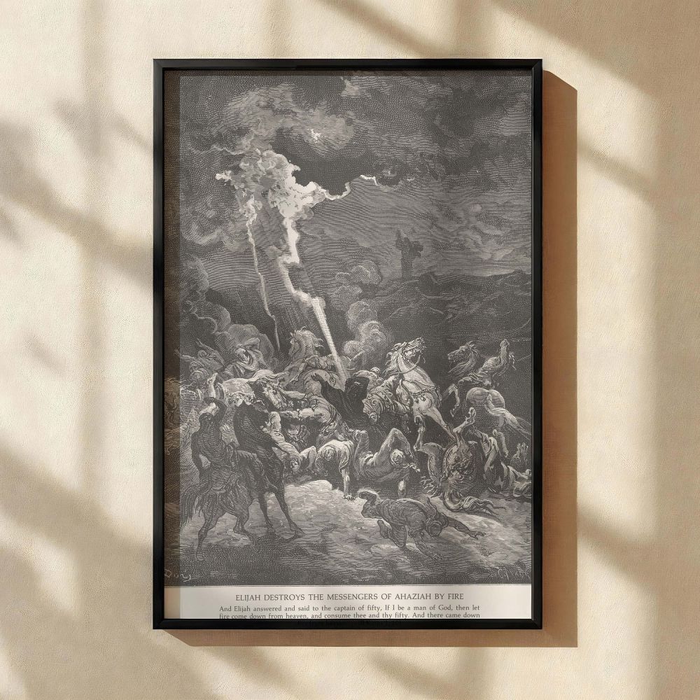 This grayscale canvas wall art shows the moment Elijah calls down fire from heaven in Gustave Dore's 