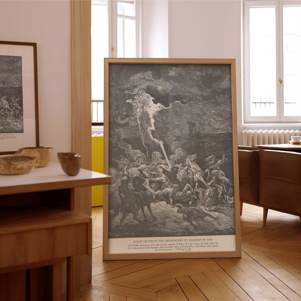 This Gustave Dore canvas captures a storm-charged biblical event where the messengers of King Ahaziah are struck down by fire from heaven. Lightning rips across the grayscale sky, illuminating fallen men and frightened animals. The etching's stark lines a