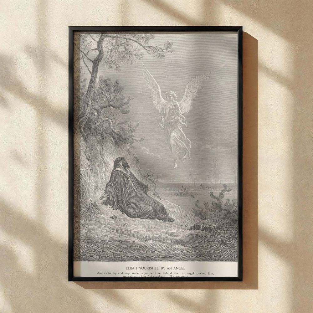 This grayscale canvas print captures Gustave Dore's moving depiction of Elijah being nourished by an angel. Elijah, cloaked and weary, rests against a hillside while an angel descends with outstretched arms, offering divine support. The delicate lines and